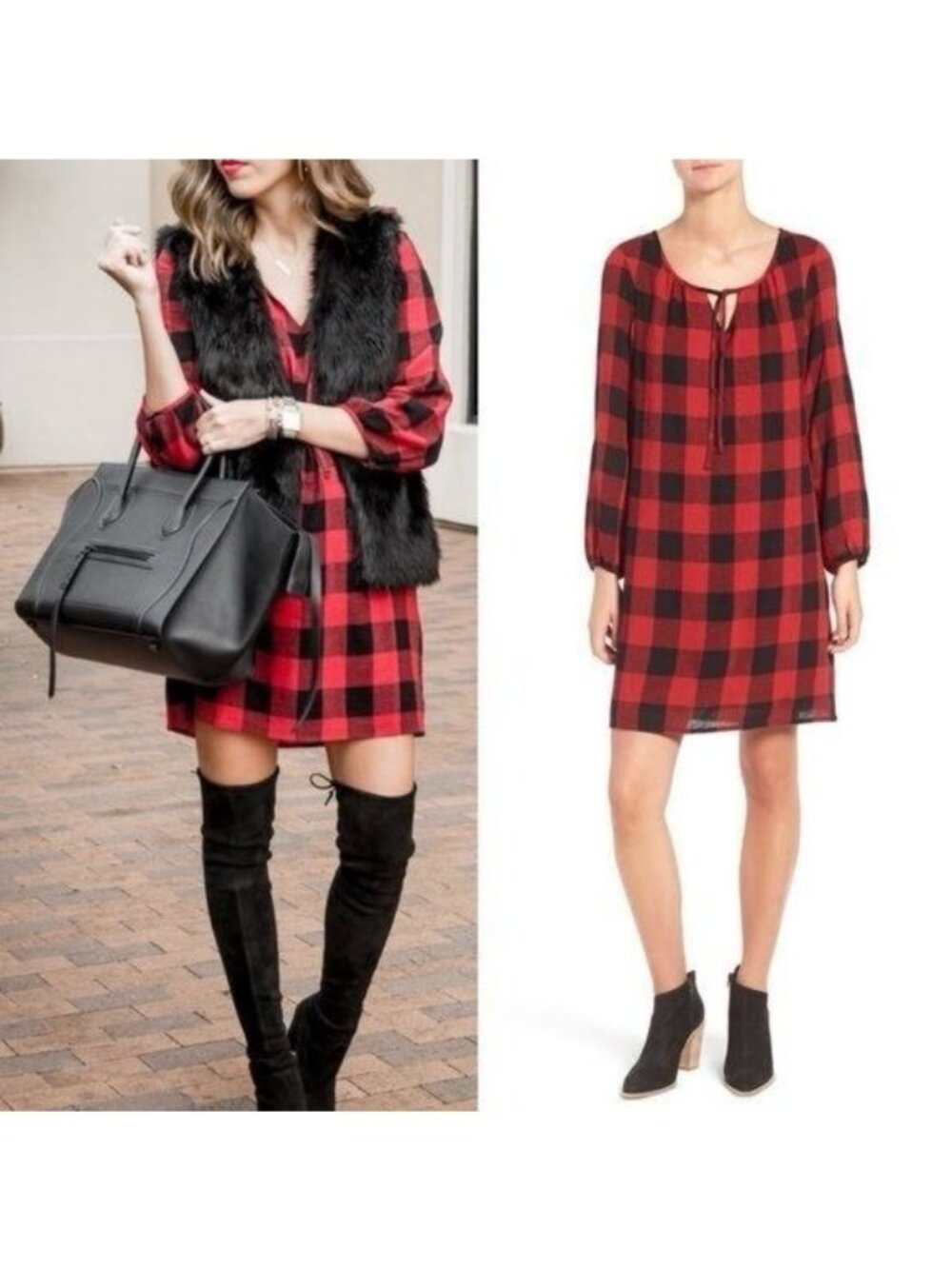 Madewell signal red black buffalo plaid Check Print tunic dress Medium Sty F8652